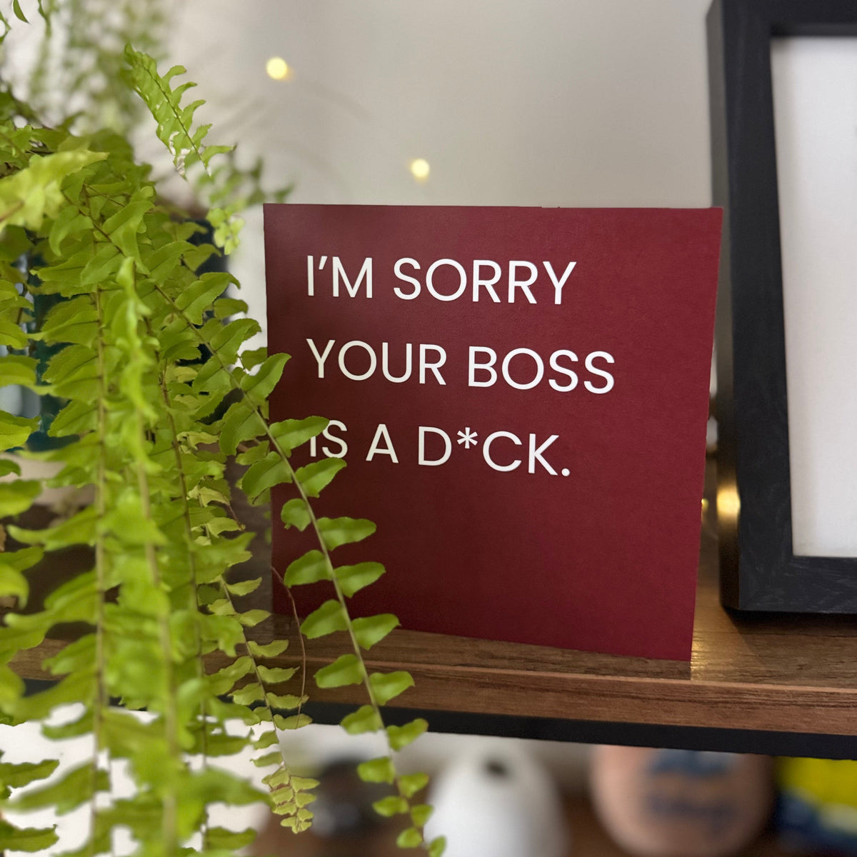 A square red greeting card with white text reading 'I'M SORRY YOUR BOSS IS A D*CK.' displayed on a wooden shelf next to a green fern plant and a black picture frame.